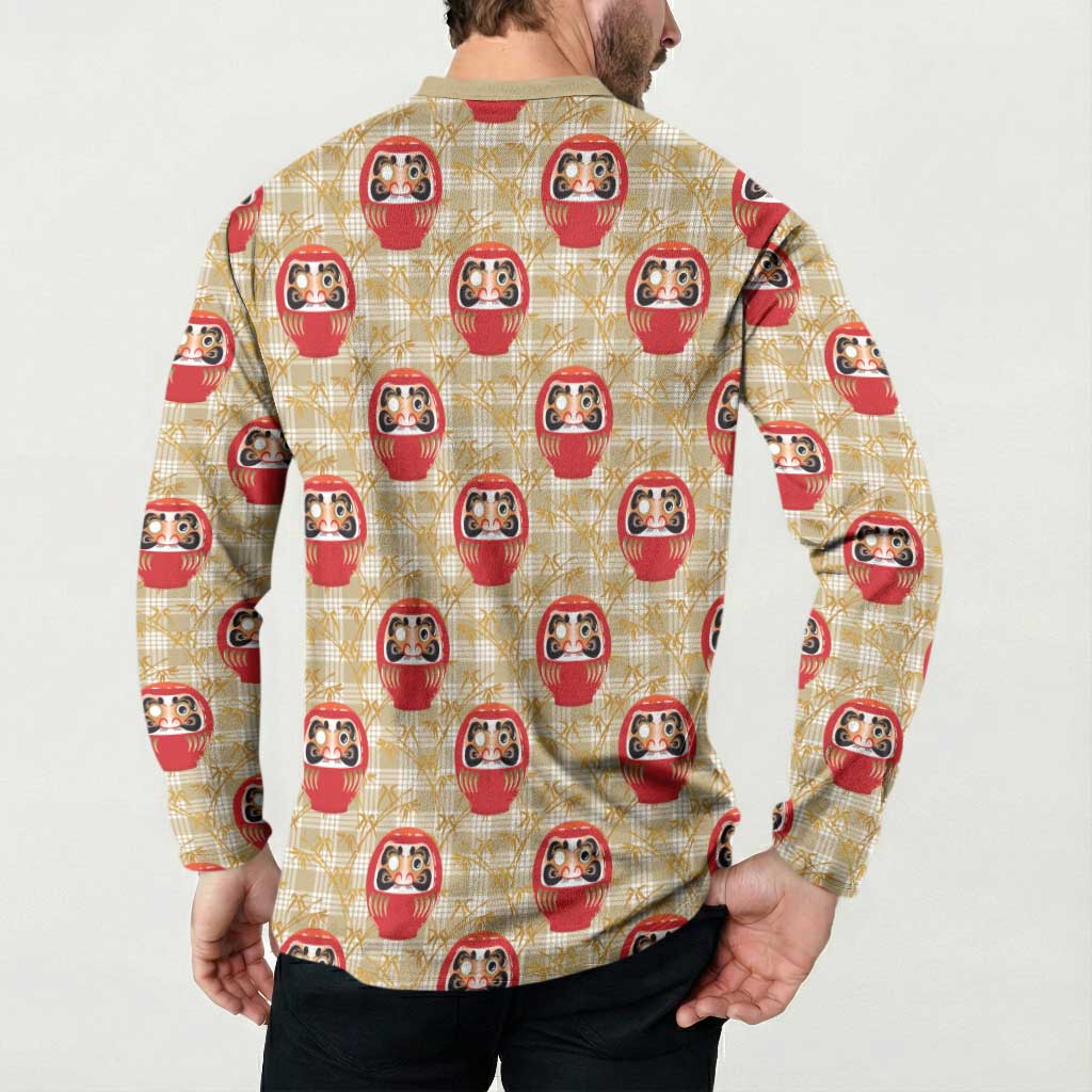 Japanese Daruma Doll Button Sweatshirt Palaka With Seamless Bamboo Pattern LT14 - Polynesian Pride