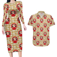 Japanese Daruma Doll Couples Matching Long Sleeve Bodycon Dress and Hawaiian Shirt Palaka With Seamless Bamboo Pattern LT14 Beige - Polynesian Pride