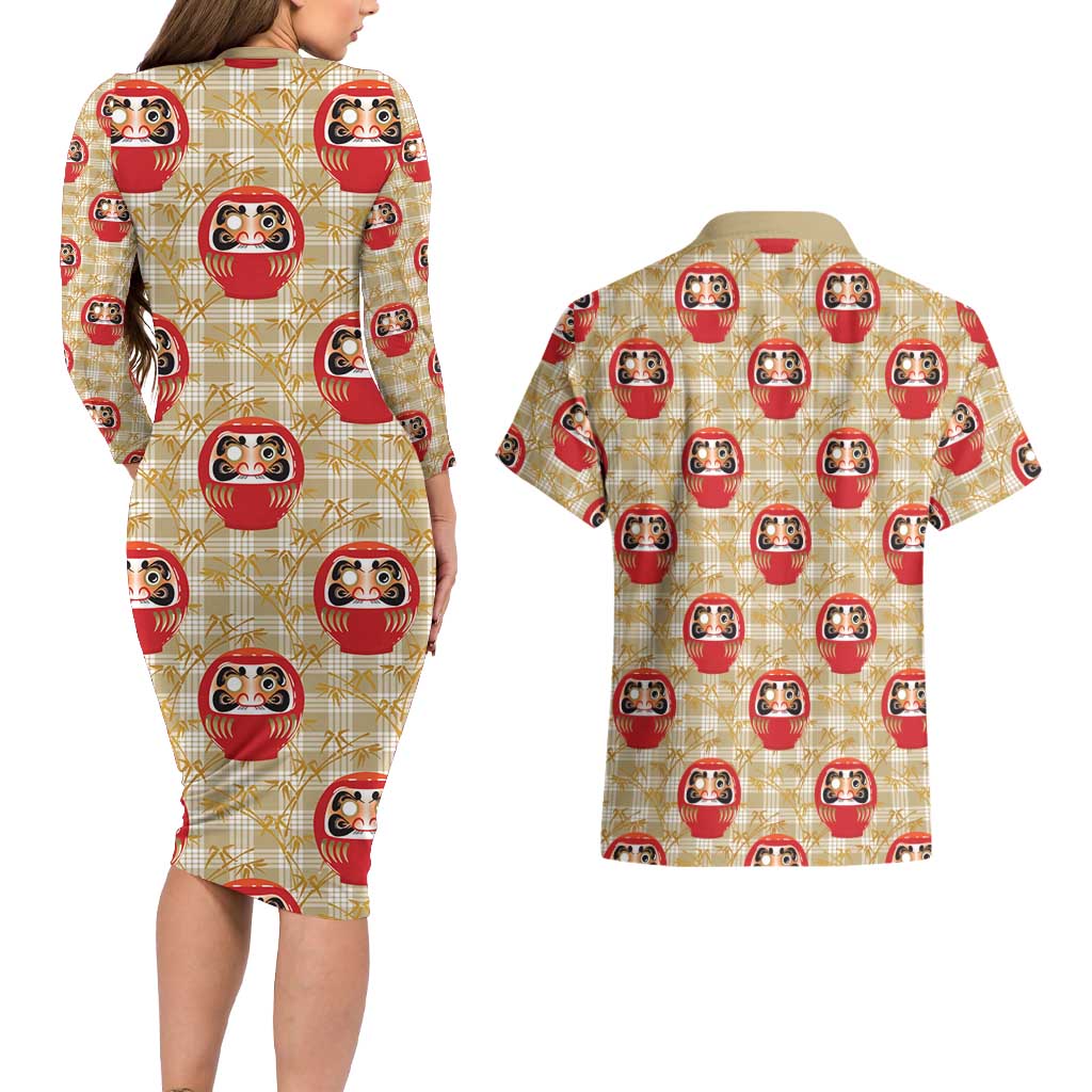 Japanese Daruma Doll Couples Matching Long Sleeve Bodycon Dress and Hawaiian Shirt Palaka With Seamless Bamboo Pattern LT14 - Polynesian Pride