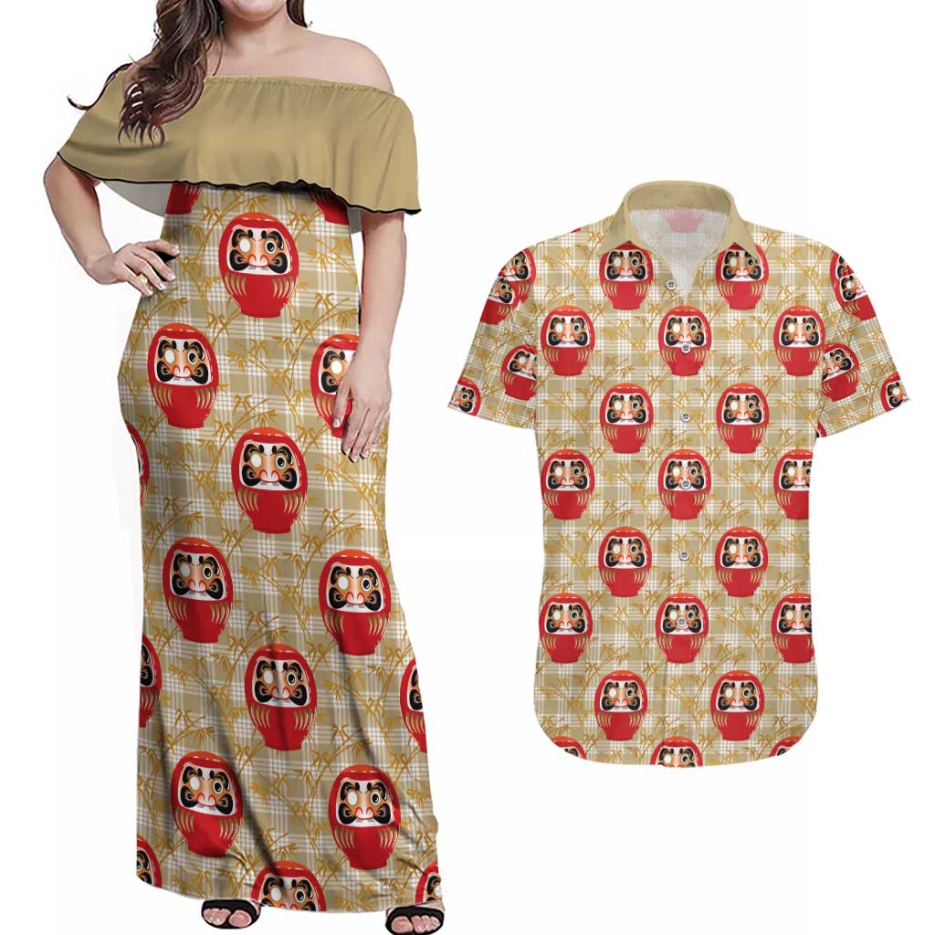 Japanese Daruma Doll Couples Matching Off Shoulder Maxi Dress and Hawaiian Shirt Palaka With Seamless Bamboo Pattern - Polynesian Pride
