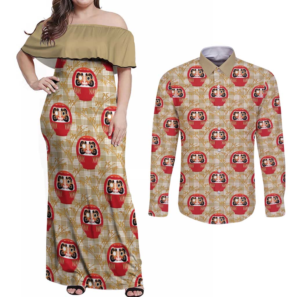 Japanese Daruma Doll Couples Matching Off Shoulder Maxi Dress and Long Sleeve Button Shirt Palaka With Seamless Bamboo Pattern - Polynesian Pride
