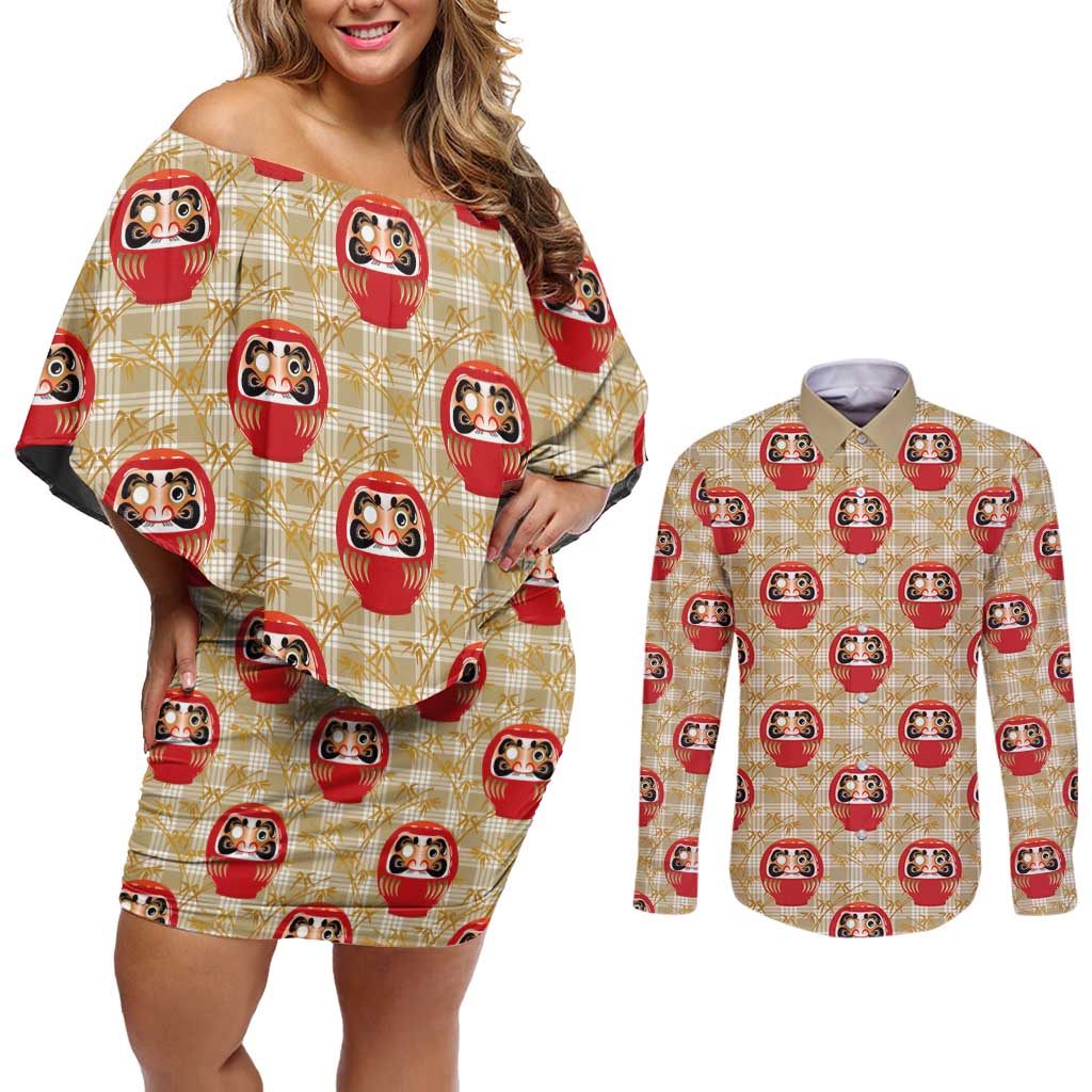 Japanese Daruma Doll Couples Matching Off Shoulder Short Dress and Long Sleeve Button Shirt Palaka With Seamless Bamboo Pattern - Polynesian Pride