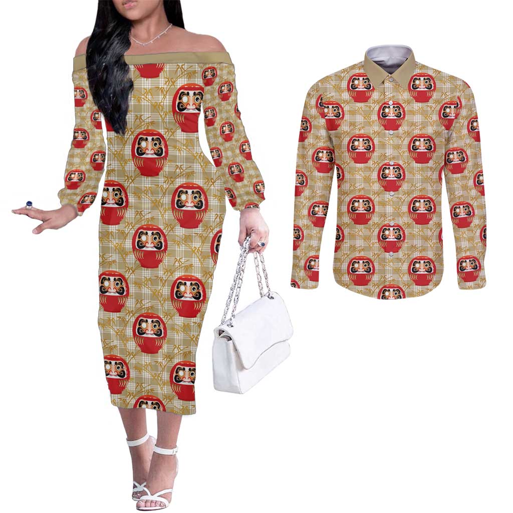 Japanese Daruma Doll Couples Matching Off The Shoulder Long Sleeve Dress and Long Sleeve Button Shirt Palaka With Seamless Bamboo Pattern - Polynesian Pride