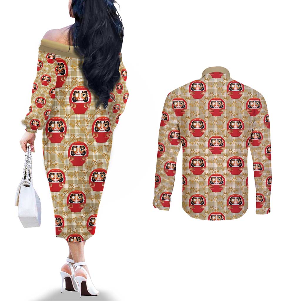 Japanese Daruma Doll Couples Matching Off The Shoulder Long Sleeve Dress and Long Sleeve Button Shirt Palaka With Seamless Bamboo Pattern - Polynesian Pride