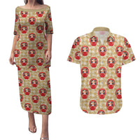 Japanese Daruma Doll Couples Matching Puletasi and Hawaiian Shirt Palaka With Seamless Bamboo Pattern - Polynesian Pride