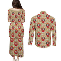 Japanese Daruma Doll Couples Matching Puletasi and Long Sleeve Button Shirt Palaka With Seamless Bamboo Pattern - Polynesian Pride