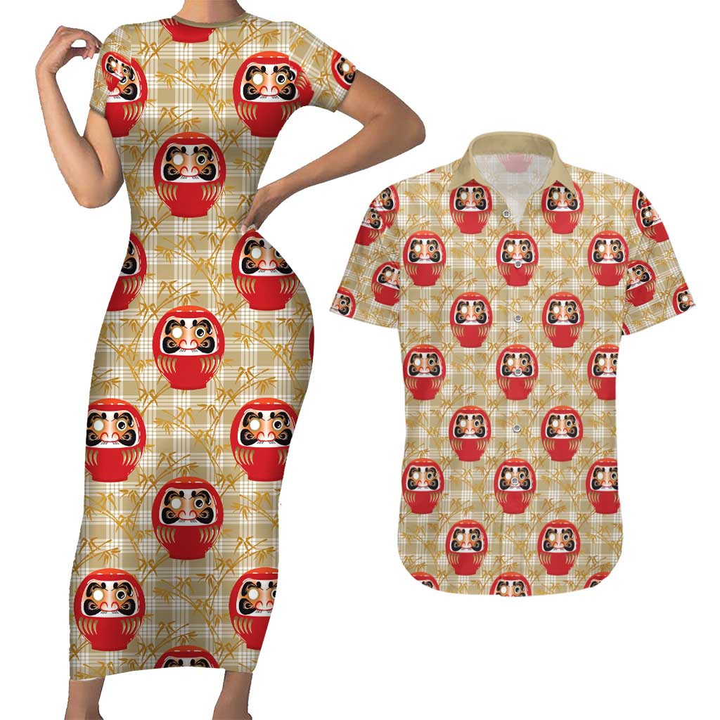 Japanese Daruma Doll Couples Matching Short Sleeve Bodycon Dress and Hawaiian Shirt Palaka With Seamless Bamboo Pattern LT14 Beige - Polynesian Pride