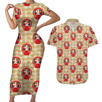 Japanese Daruma Doll Couples Matching Short Sleeve Bodycon Dress and Hawaiian Shirt Palaka With Seamless Bamboo Pattern LT14 Beige - Polynesian Pride