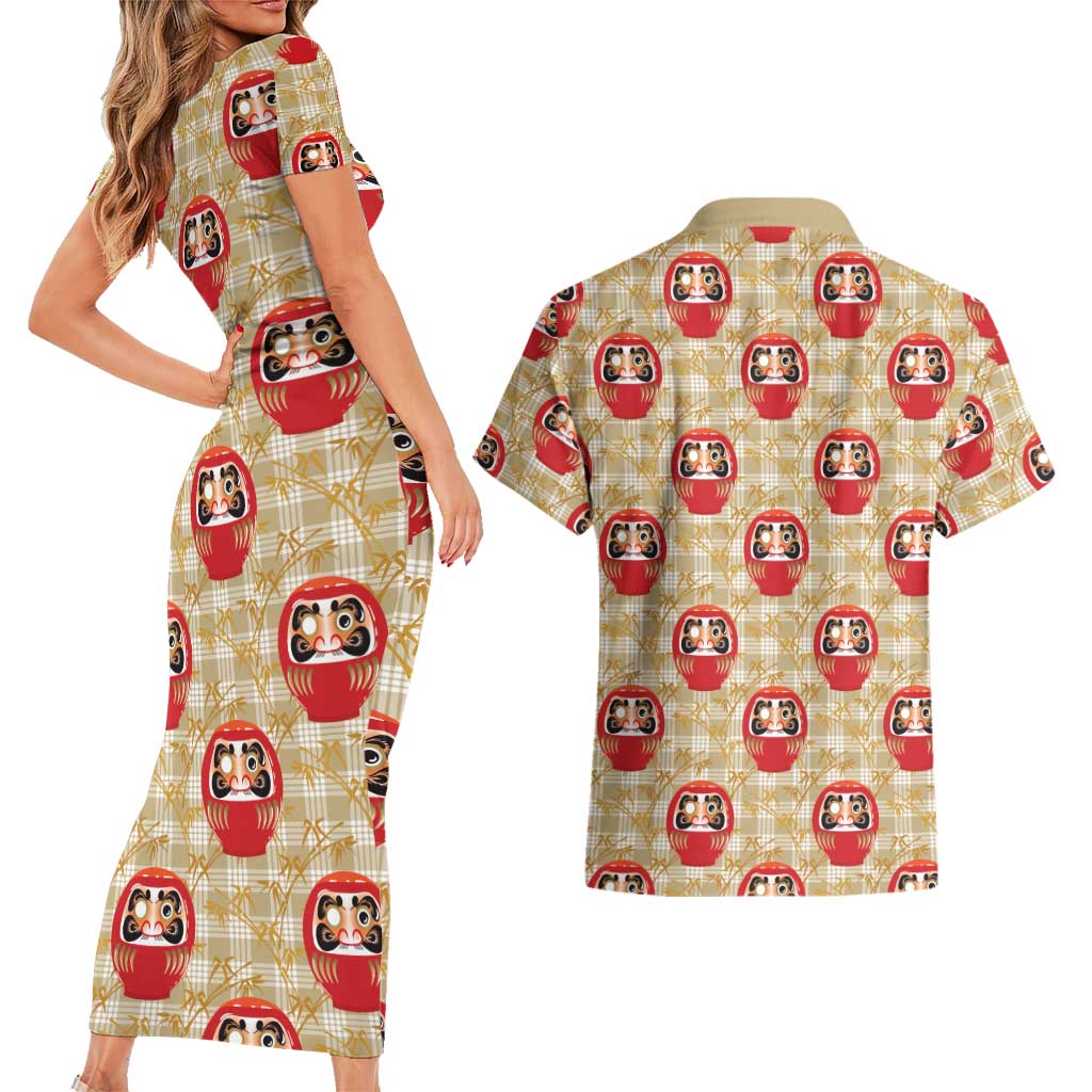 Japanese Daruma Doll Couples Matching Short Sleeve Bodycon Dress and Hawaiian Shirt Palaka With Seamless Bamboo Pattern LT14 - Polynesian Pride
