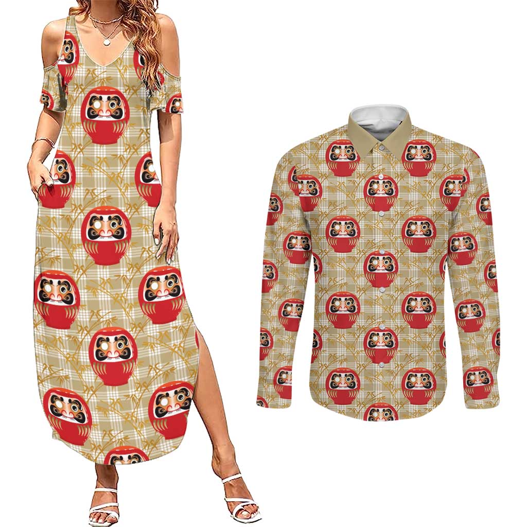 Japanese Daruma Doll Couples Matching Summer Maxi Dress and Long Sleeve Button Shirt Palaka With Seamless Bamboo Pattern - Polynesian Pride