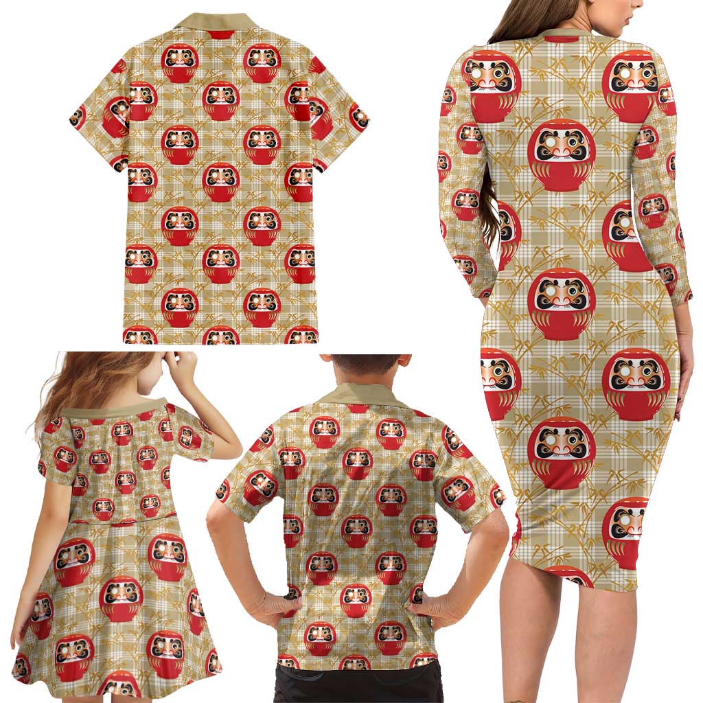 Japanese Daruma Doll Family Matching Long Sleeve Bodycon Dress and Hawaiian Shirt Palaka With Seamless Bamboo Pattern LT14 - Polynesian Pride