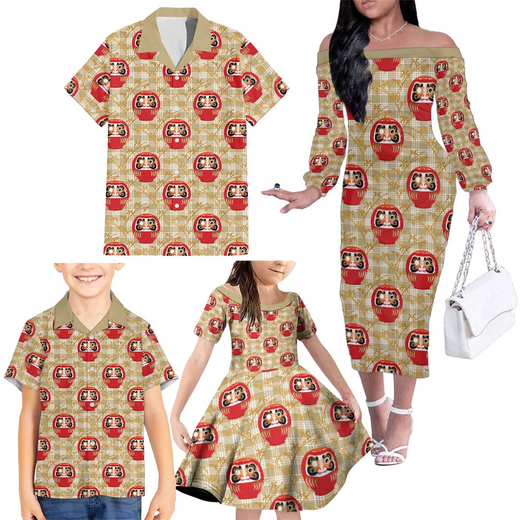 Japanese Daruma Doll Family Matching Off The Shoulder Long Sleeve Dress and Hawaiian Shirt Palaka With Seamless Bamboo Pattern LT14 - Polynesian Pride