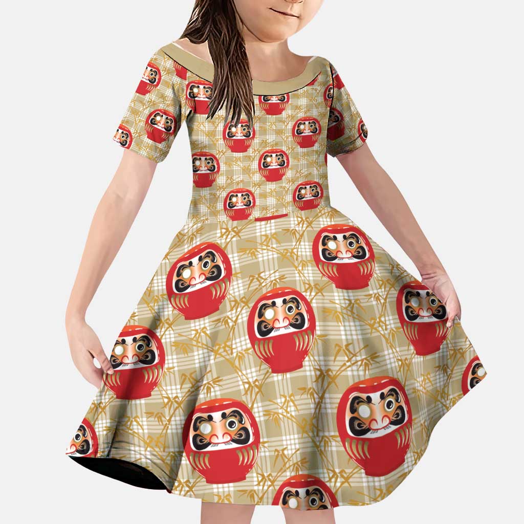 Japanese Daruma Doll Family Matching Off Shoulder Maxi Dress and Hawaiian Shirt Palaka With Seamless Bamboo Pattern LT14 Daughter's Dress Beige - Polynesian Pride