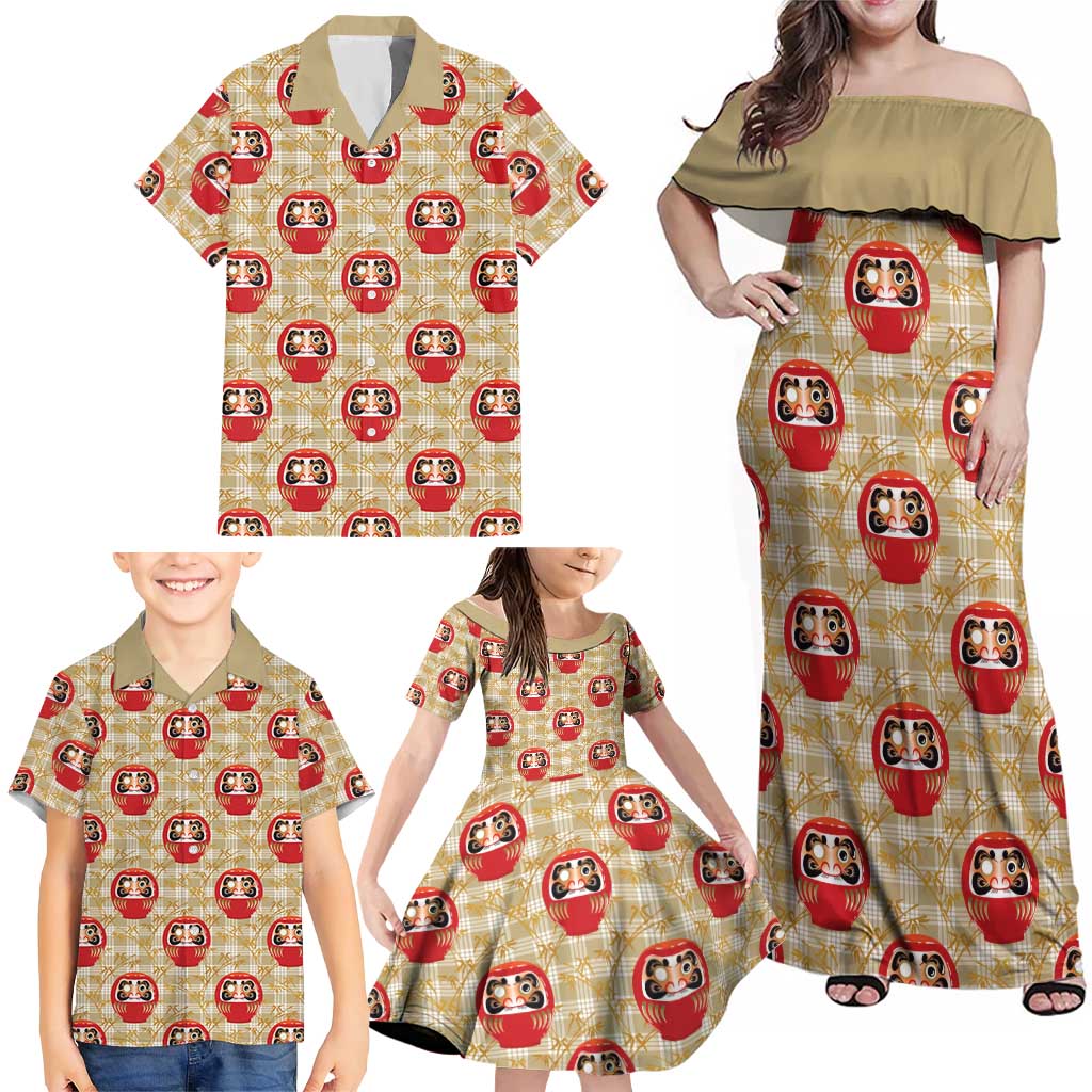 Japanese Daruma Doll Family Matching Off Shoulder Maxi Dress and Hawaiian Shirt Palaka With Seamless Bamboo Pattern LT14 - Polynesian Pride