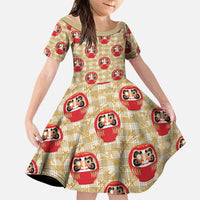 Japanese Daruma Doll Family Matching Puletasi and Hawaiian Shirt Palaka With Seamless Bamboo Pattern LT14 Daughter's Dress Beige - Polynesian Pride