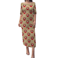 Japanese Daruma Doll Family Matching Puletasi and Hawaiian Shirt Palaka With Seamless Bamboo Pattern LT14 Mom's Dress Beige - Polynesian Pride