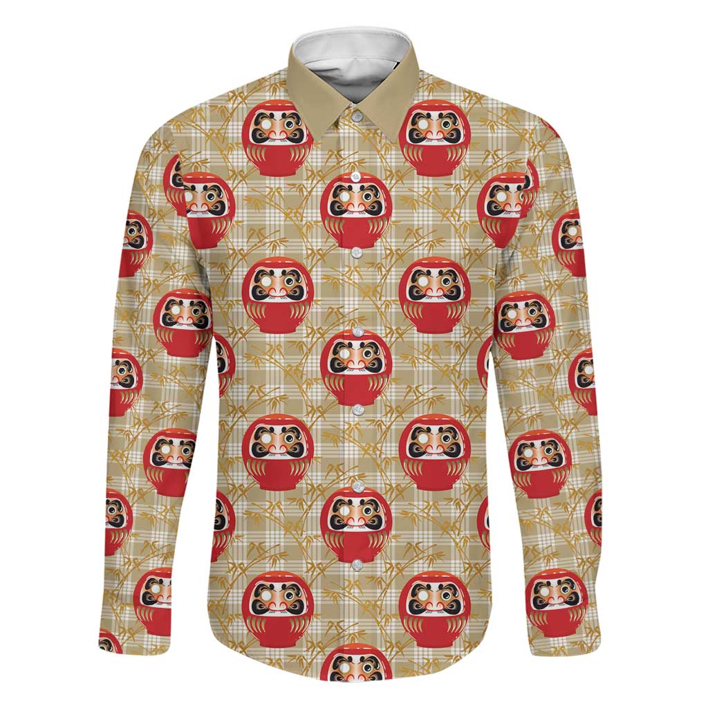Japanese Daruma Doll Family Matching Tank Maxi Dress and Hawaiian Shirt Palaka With Seamless Bamboo Pattern LT14 Dad's Shirt - Long Sleeve Beige - Polynesian Pride