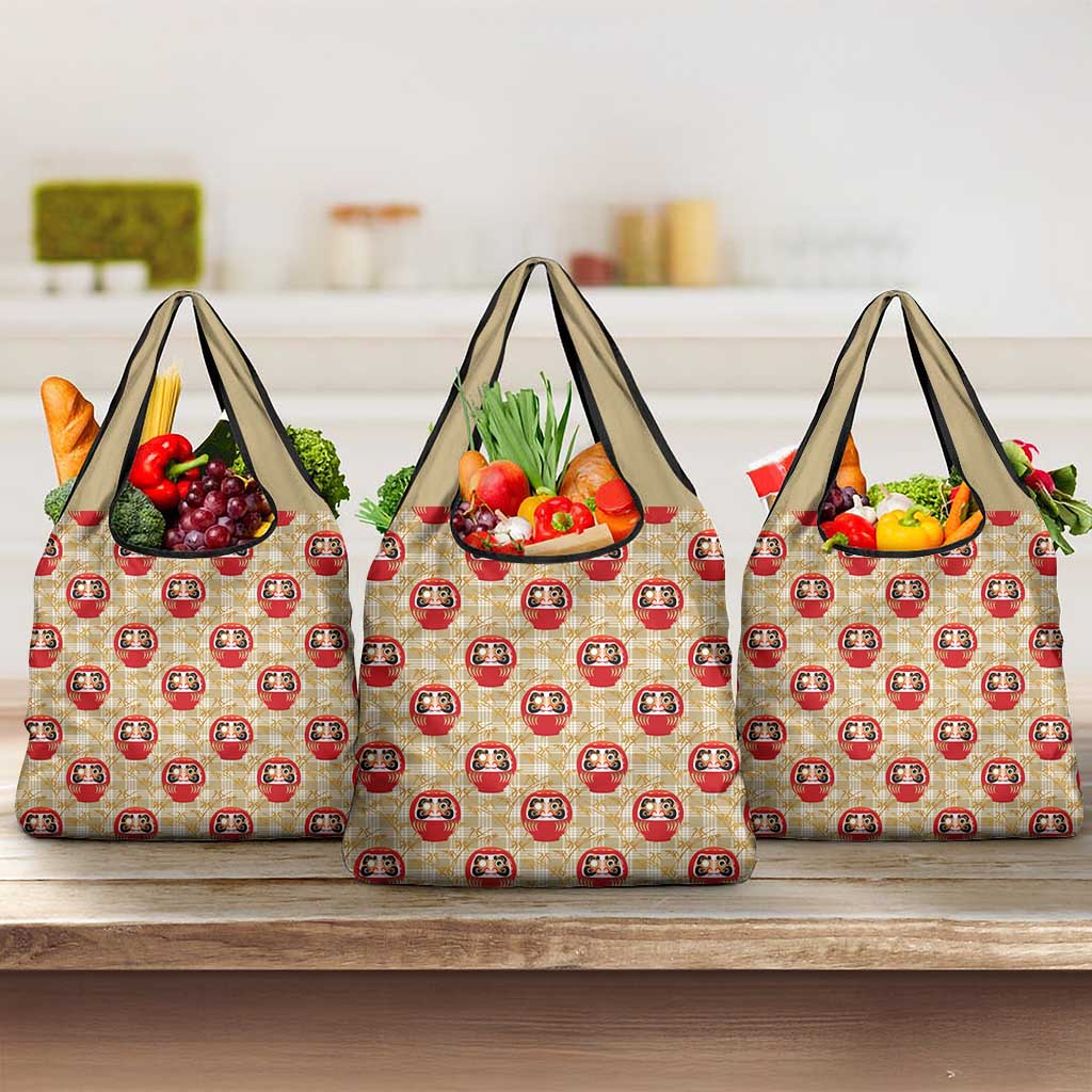 Japanese Daruma Doll Grocery Bag Palaka With Seamless Bamboo Pattern LT14 3-pack One Size Beige - Polynesian Pride