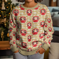 Japanese Daruma Doll Kid Ugly Christmas Sweater Palaka With Seamless Bamboo Pattern LT14 - Polynesian Pride