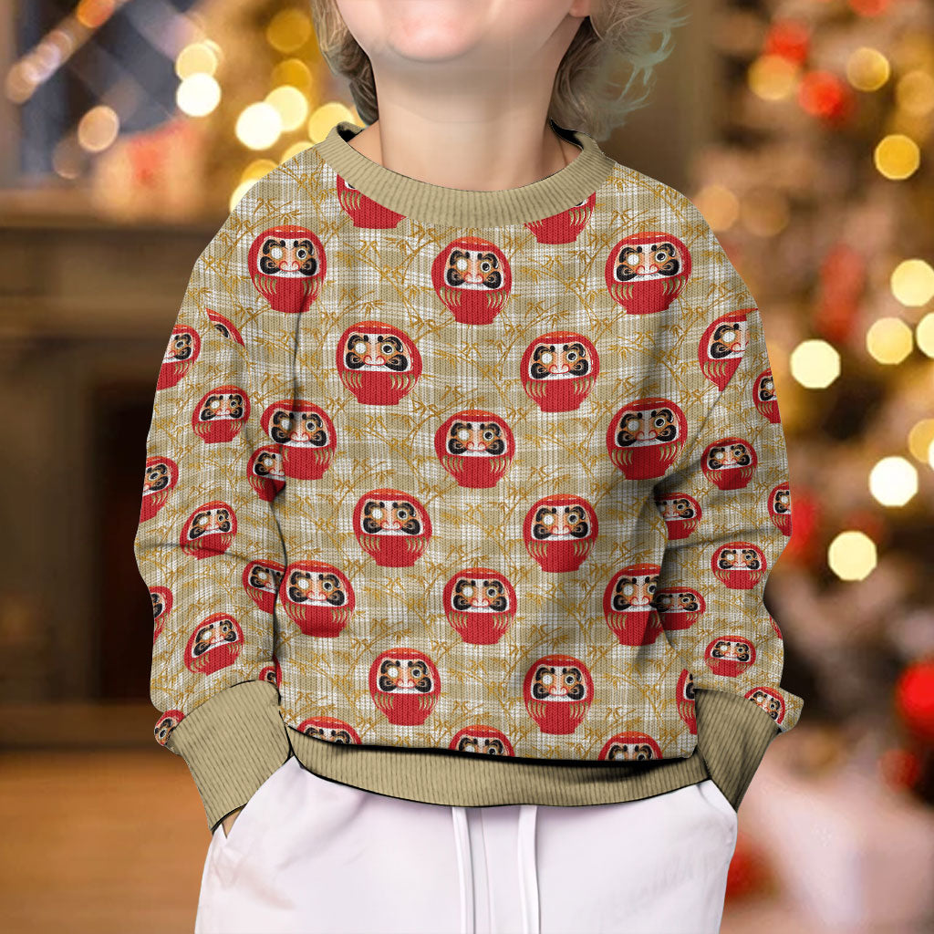 Japanese Daruma Doll Kid Ugly Christmas Sweater Palaka With Seamless Bamboo Pattern LT14 - Polynesian Pride