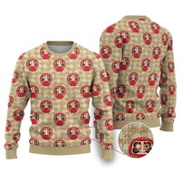 Japanese Daruma Doll Ugly Christmas Sweater Palaka With Seamless Bamboo Pattern LT14 Beige - Polynesian Pride