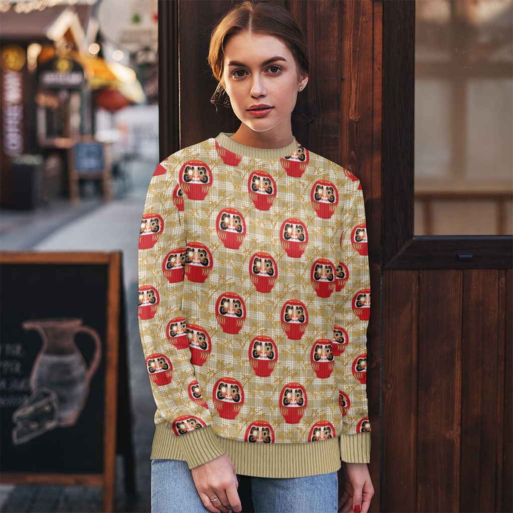 Japanese Daruma Doll Ugly Christmas Sweater Palaka With Seamless Bamboo Pattern LT14 - Polynesian Pride
