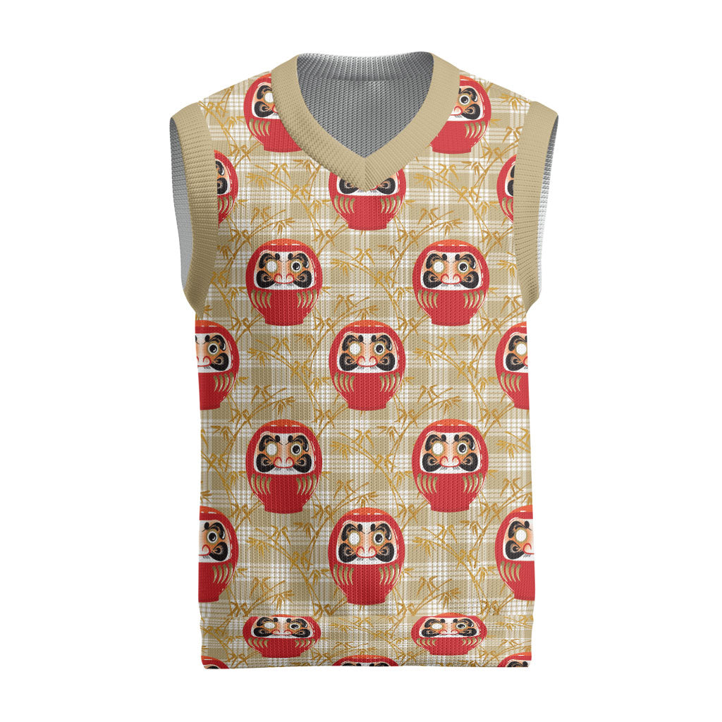 Japanese Daruma Doll Christmas Knitted V-Neck Vest Palaka With Seamless Bamboo Pattern LT14 Beige - Polynesian Pride
