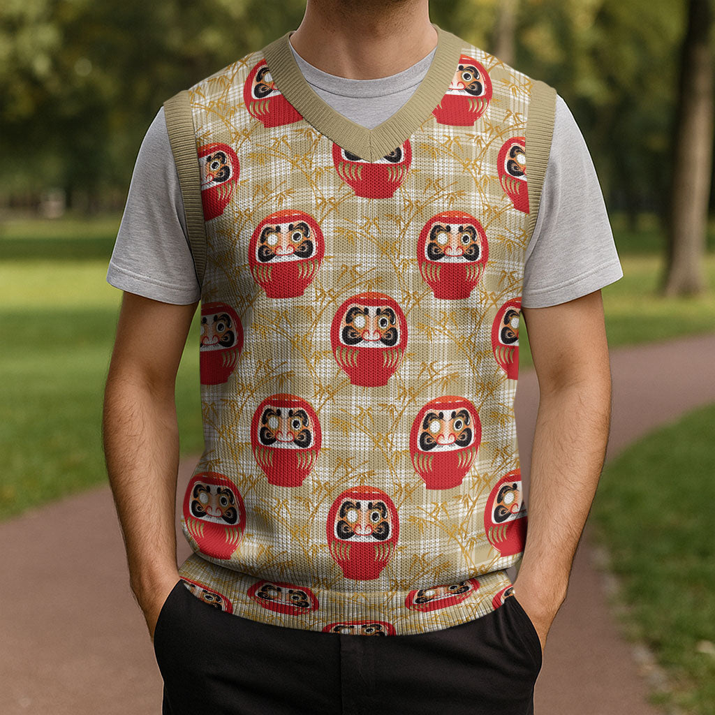 Japanese Daruma Doll Christmas Knitted V-Neck Vest Palaka With Seamless Bamboo Pattern LT14 - Polynesian Pride