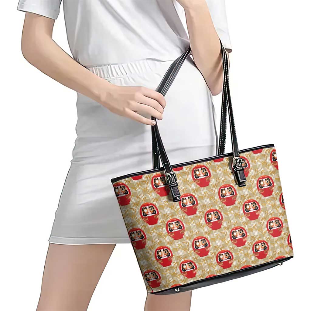 Japanese Daruma Doll Leather Tote Bag Palaka With Seamless Bamboo Pattern - Polynesian Pride