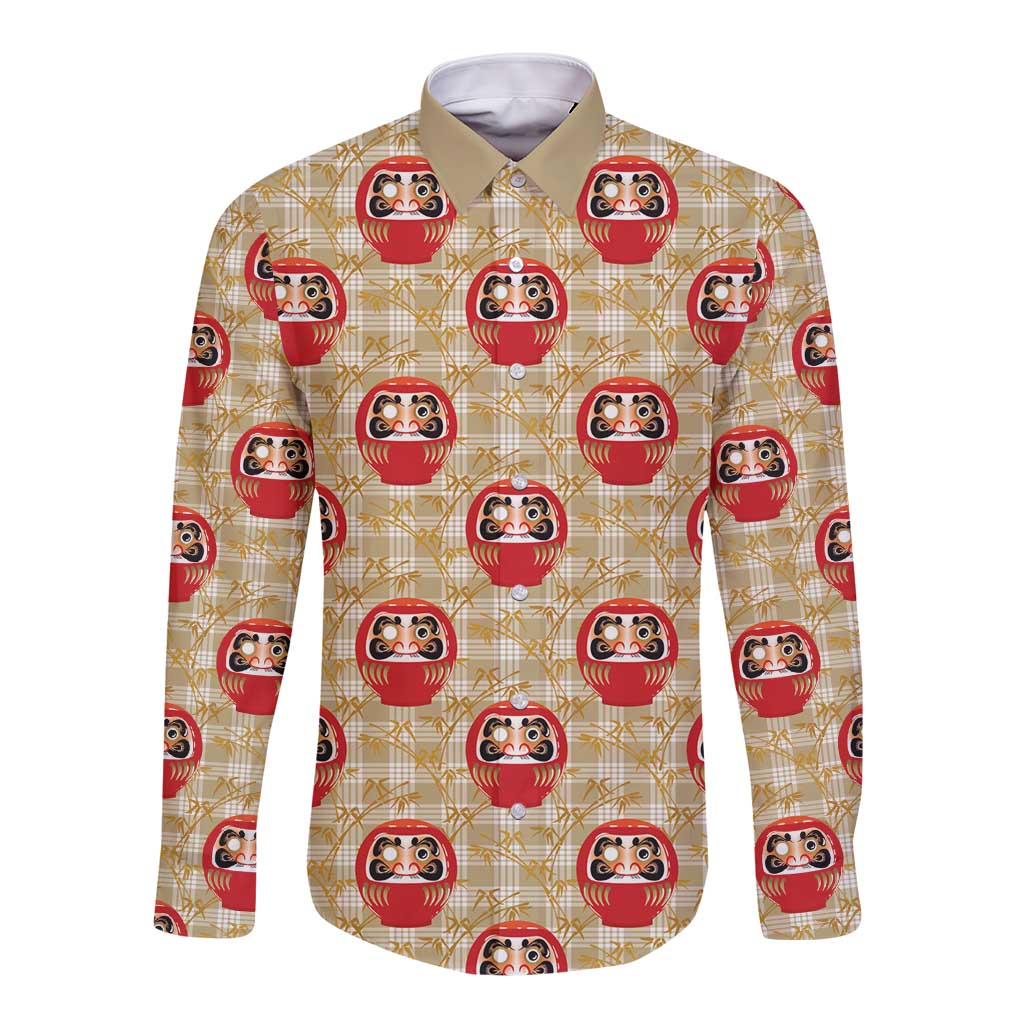 Japanese Daruma Doll Long Sleeve Button Shirt Palaka With Seamless Bamboo Pattern LT14 Unisex Beige - Polynesian Pride