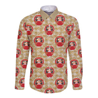 Japanese Daruma Doll Long Sleeve Button Shirt Palaka With Seamless Bamboo Pattern LT14 Unisex Beige - Polynesian Pride