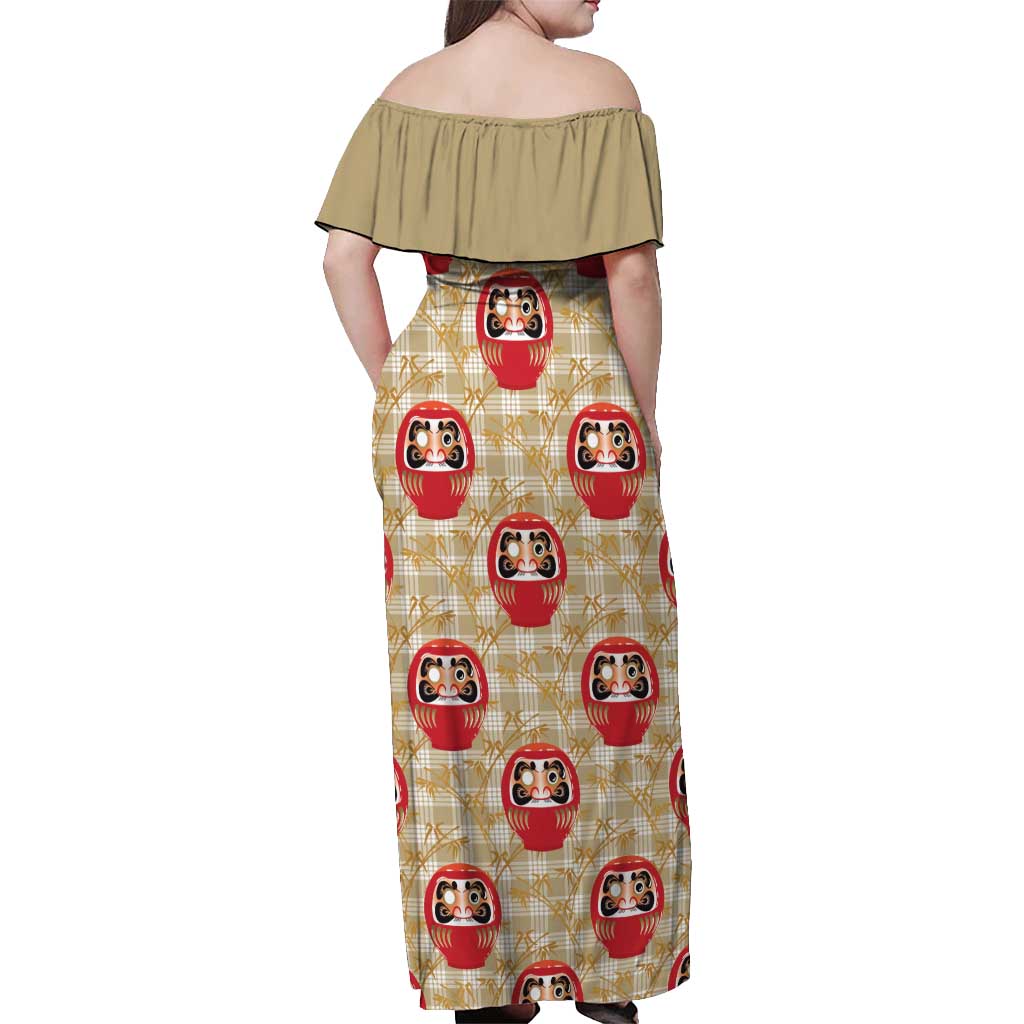 Japanese Daruma Doll Off Shoulder Maxi Dress Palaka With Seamless Bamboo Pattern LT14 - Polynesian Pride