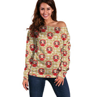 Japanese Daruma Doll Off Shoulder Sweater Palaka With Seamless Bamboo Pattern LT14 Women Beige - Polynesian Pride