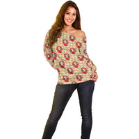 Japanese Daruma Doll Off Shoulder Sweater Palaka With Seamless Bamboo Pattern LT14 - Polynesian Pride