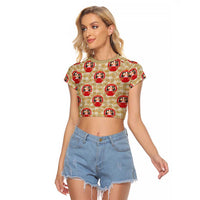 Japanese Daruma Doll Raglan Cropped T Shirt Palaka With Seamless Bamboo Pattern LT14 Female Beige - Polynesian Pride