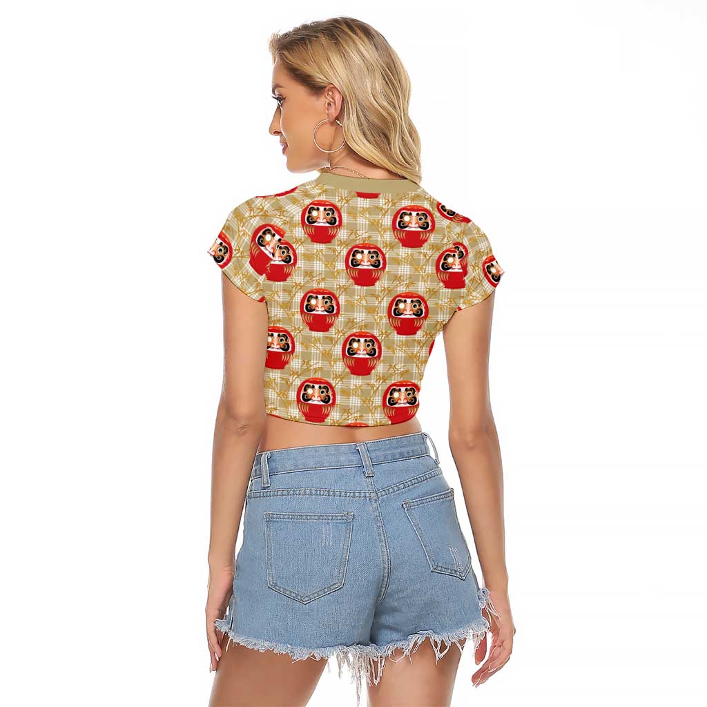 Japanese Daruma Doll Raglan Cropped T Shirt Palaka With Seamless Bamboo Pattern LT14 - Polynesian Pride