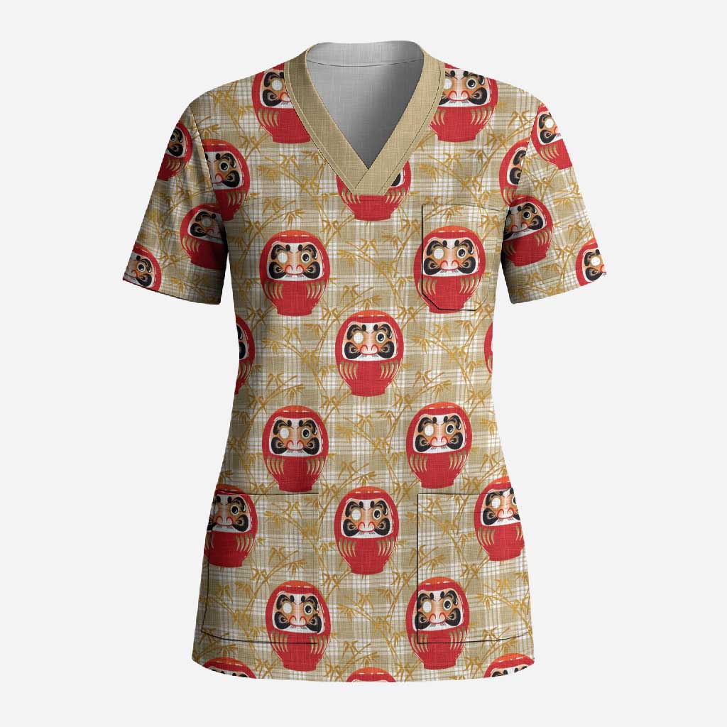 Japanese Daruma Doll Scrub Top Palaka With Seamless Bamboo Pattern LT14 Adult Beige - Polynesian Pride