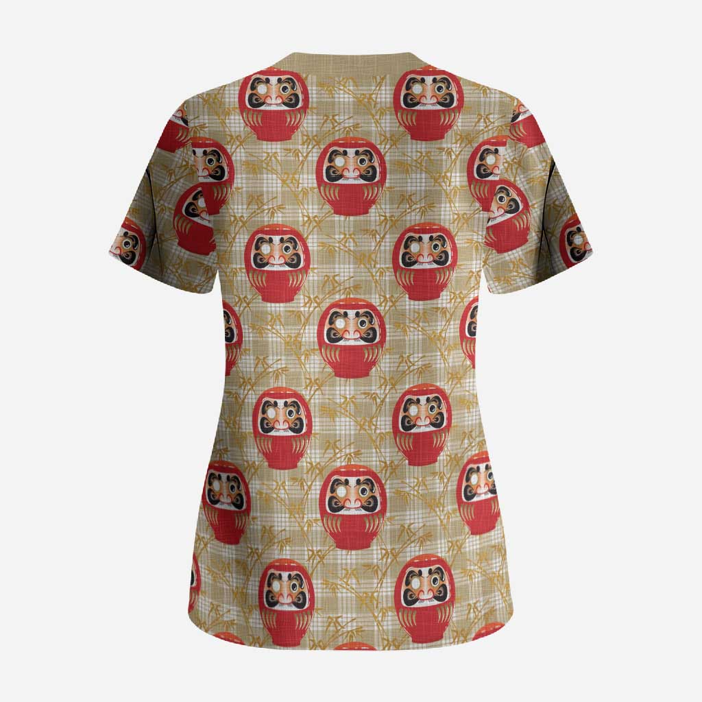 Japanese Daruma Doll Scrub Top Palaka With Seamless Bamboo Pattern LT14 - Polynesian Pride
