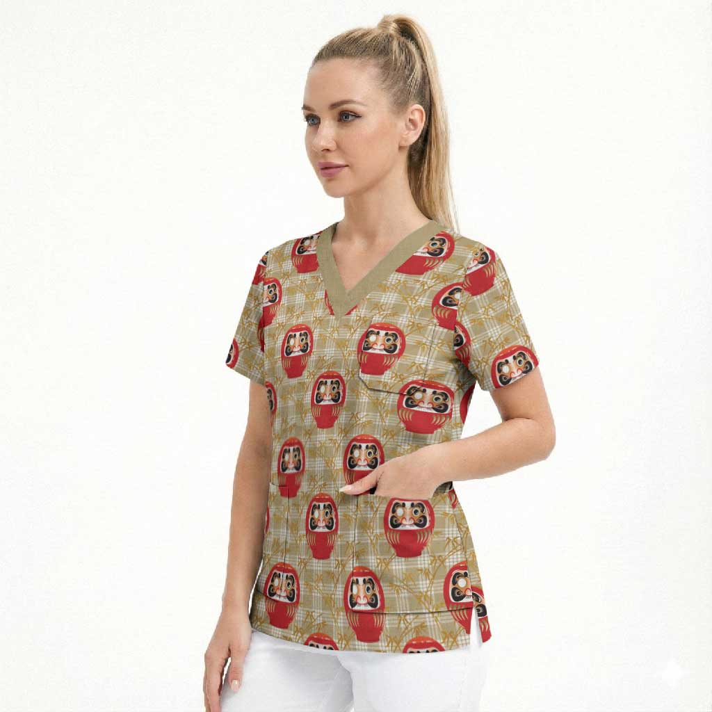 Japanese Daruma Doll Scrub Top Palaka With Seamless Bamboo Pattern LT14 - Polynesian Pride