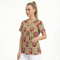 Japanese Daruma Doll Scrub Top Palaka With Seamless Bamboo Pattern LT14 - Polynesian Pride