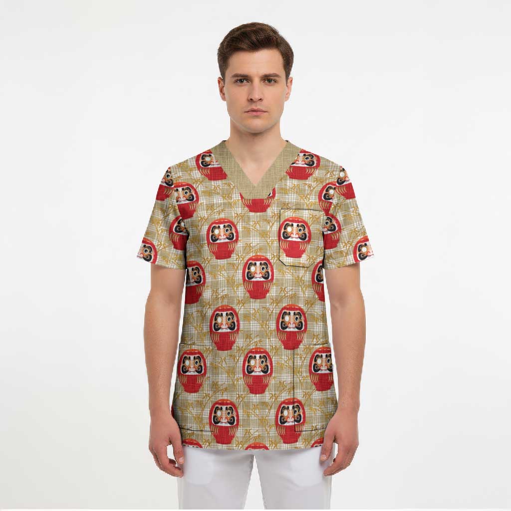 Japanese Daruma Doll Scrub Top Palaka With Seamless Bamboo Pattern LT14 - Polynesian Pride
