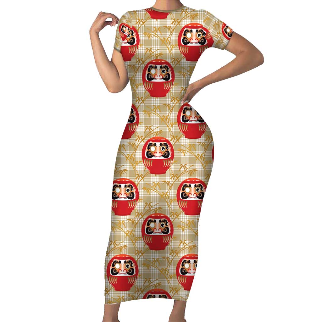 Japanese Daruma Doll Short Sleeve Bodycon Dress Palaka With Seamless Bamboo Pattern LT14 Long Dress Beige - Polynesian Pride