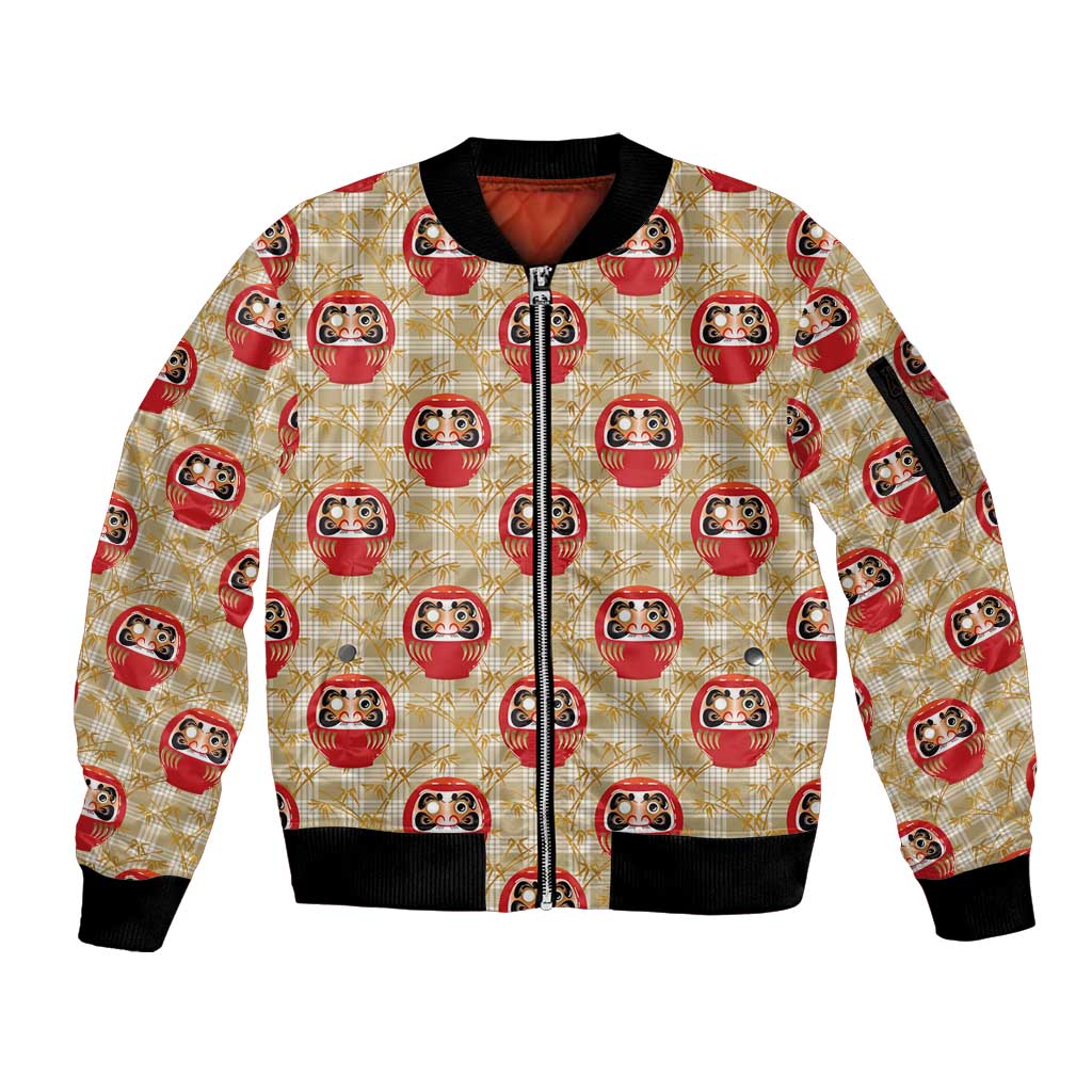 Japanese Daruma Doll Sleeve Zip Bomber Jacket Palaka With Seamless Bamboo Pattern LT14 Unisex Beige - Polynesian Pride