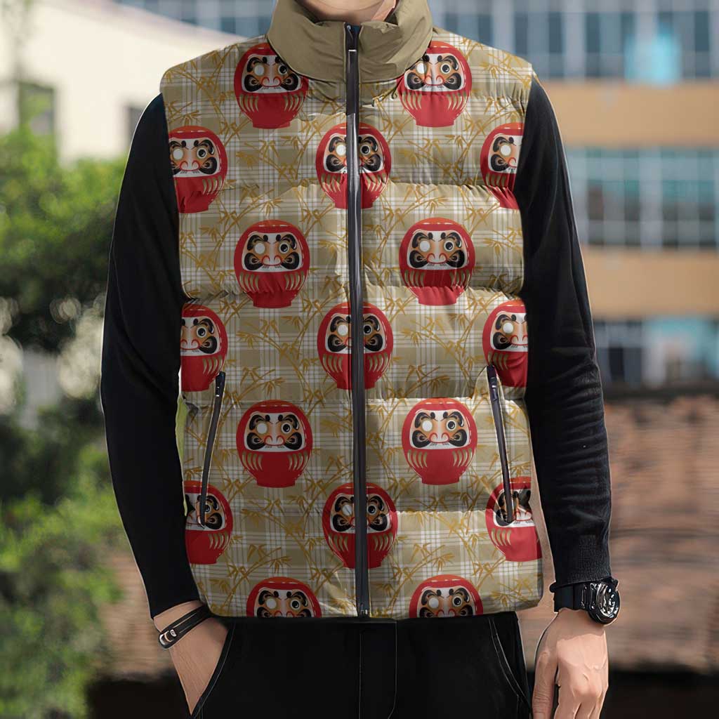 Japanese Daruma Doll Sleeveless Puffer Jacket Palaka With Seamless Bamboo Pattern - Polynesian Pride