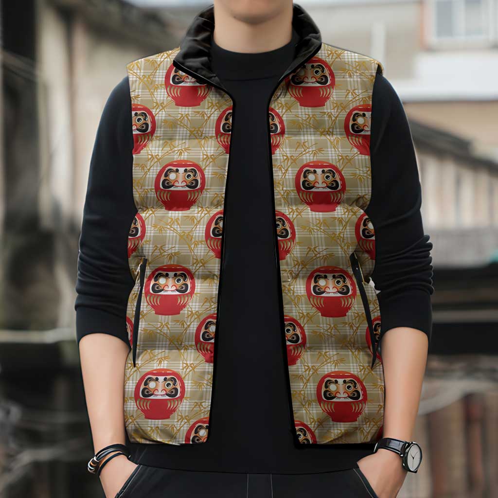 Japanese Daruma Doll Sleeveless Puffer Jacket Palaka With Seamless Bamboo Pattern - Polynesian Pride