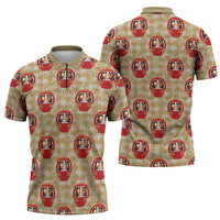 Japanese Daruma Doll Zipper Polo Shirt Palaka With Seamless Bamboo Pattern - Polynesian Pride