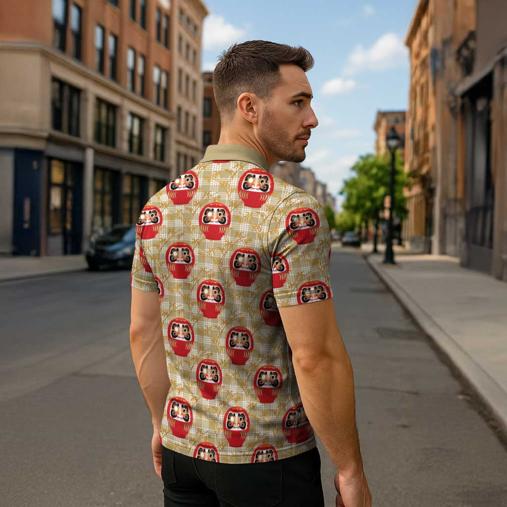 Japanese Daruma Doll Zipper Polo Shirt Palaka With Seamless Bamboo Pattern - Polynesian Pride