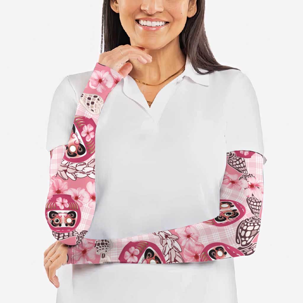 Japanese Daruma Doll Palaka Arm Sleeves Cherry Blossoms With Shell Lei - Polynesian Pride