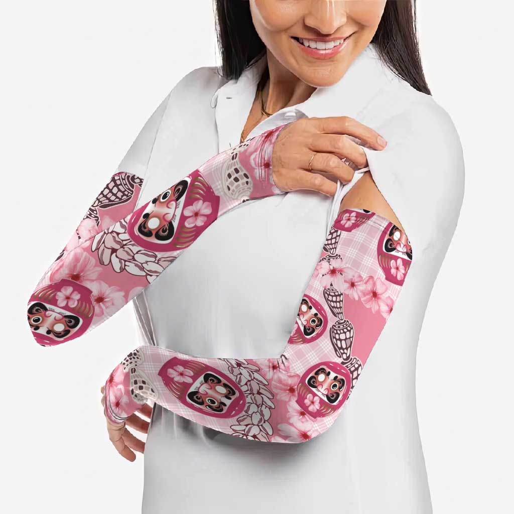 Japanese Daruma Doll Palaka Arm Sleeves Cherry Blossoms With Shell Lei - Polynesian Pride