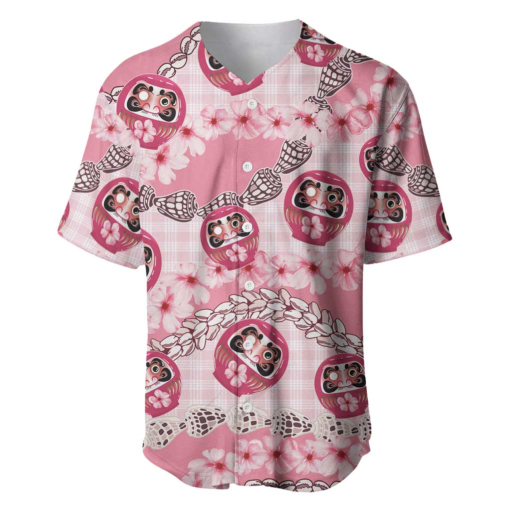 Japanese Daruma Doll Palaka Baseball Jersey Cherry Blossoms With Shell Lei - Polynesian Pride